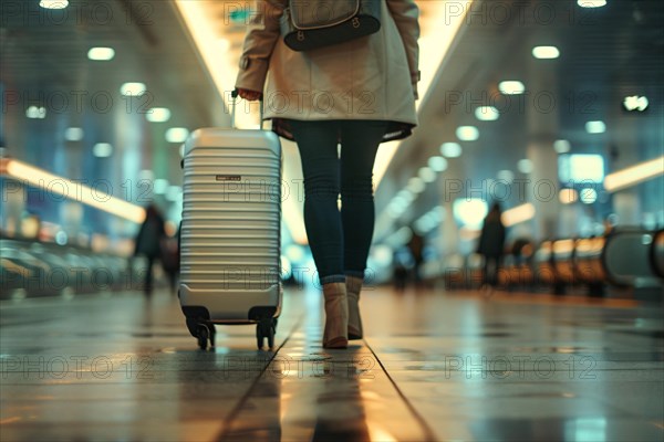 Traveler with a suitcase walking through an airport terminal, illuminated by LED lights overhead, AI generated