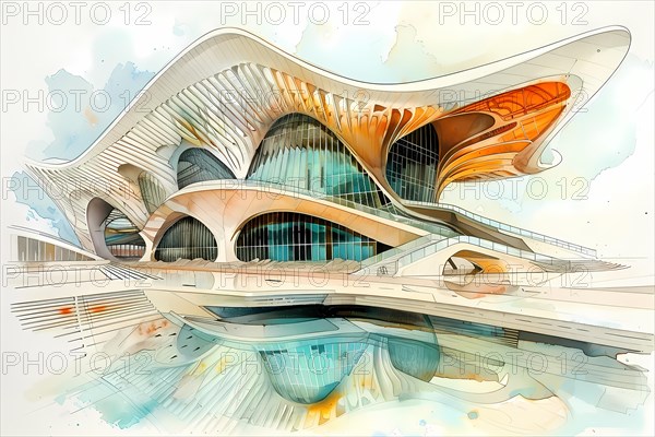 Futuristic architecture with fluid, organic shapes depicted in soft watercolor pastel tones, AI generated