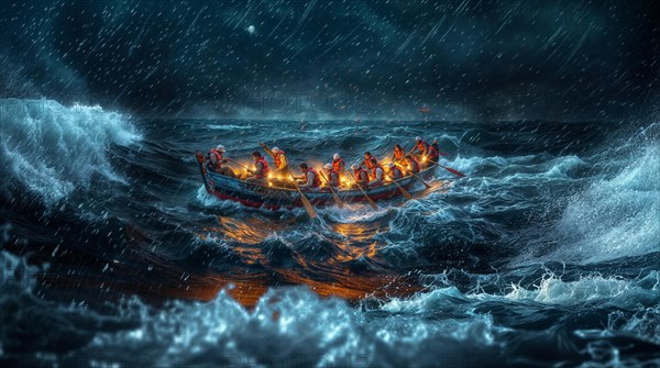 Group in a boat wearing life jackets rowing in the rainy ocean at night with waves around them, AI generated