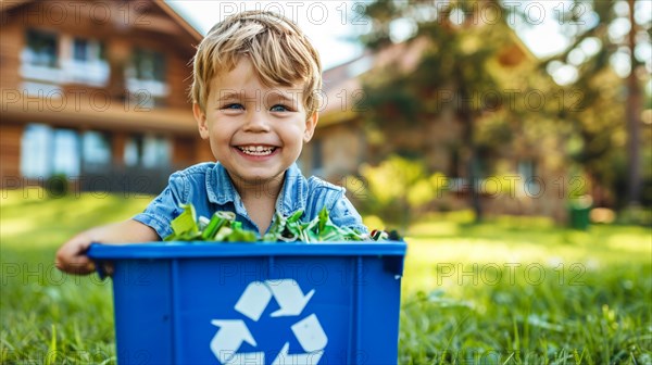 Joyful child with a big smile sitting inside a blue recycling bin on a grassy field, waste separation, reduction and recycling concept, AI generated