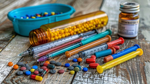 Variety of colorful medical supplies including syringes and pills, big pharma products for chronic disease, AI generated