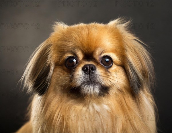 Dog, Pekingese, portrait, head only, puppies, dark background, AI generated, AI generated