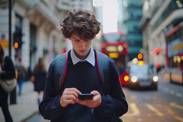 Pupil looking at his smartphone on a busy street in London City, symbolic image for accident risk on the way to school due to media distraction, AI generated, AI generated, AI generated