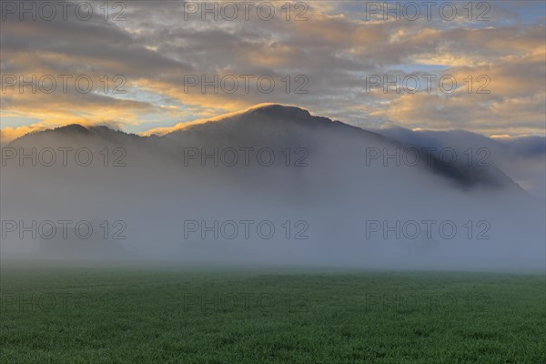 Morning atmosphere with clouds over mountains, fog, spring, Loisach-Lake Kochel-Moor, Bavaria, Germany, Europe