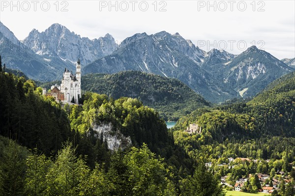 Neuschwanstein Castle and Hohenschwangau Castle, near Fuessen, Ostallgaeu, Allgaeu, Bavaria, Germany, Europe