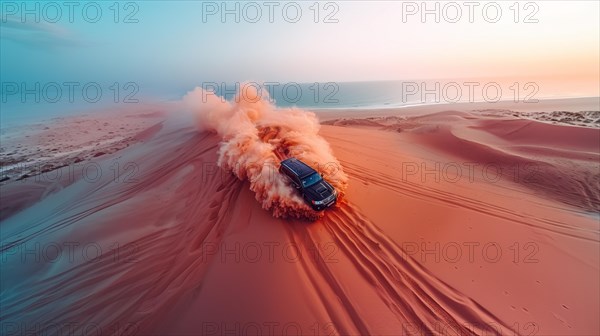 A 4x4 suv racing through a desert, kicking up a dust and sand cloud at sunset, action sports photography, drone aerial shot, AI generated