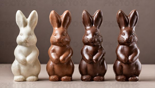 Four chocolate bunnies next to each other, with one white chocolate bunny and three milk chocolate bunnies, Easter symbol, AI generated, AI generated