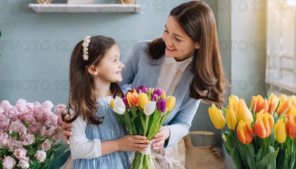 A mother and her daughter embrace lovingly in a room full of fresh tulips, Mother's Day symbol, AI generated, AI generated