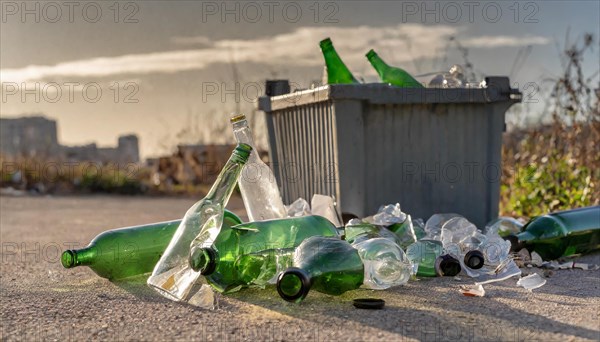 Next to a rubbish bin are some empty glass bottles, some broken, AI generated, AI generated