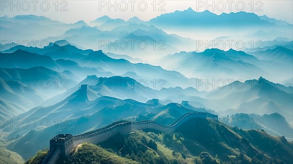 Serene morning view of the Great Wall of China winding through hazy blue and green mountains, ai generated, AI generated