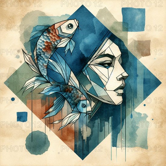 Expressive abstract art of a woman's face with fish and geometric shapes in blue tones, square aspect, pisces zodiac astrological sign card, AI generated