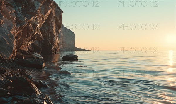A gentle sunrise illuminates a rocky shore and calm ocean AI generated