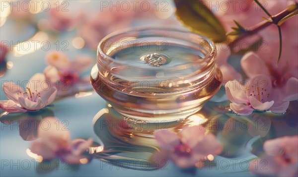 A serene scene with cherry blossoms and a water droplet creating ripples in still water AI generated
