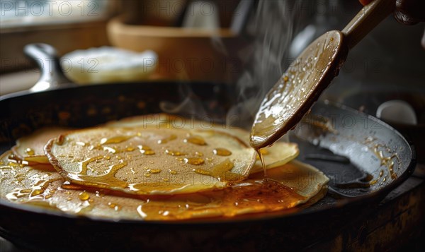 Flipping a pancake in a cast iron pan with a spatula in a dynamic kitchen scene AI generated