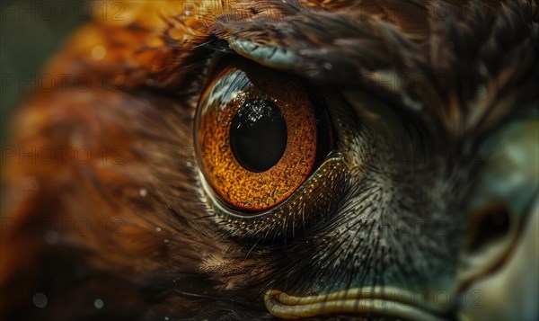 Macro shot of an eagle's eye, highlighting intricate feather patterns and a sharp gaze AI generated