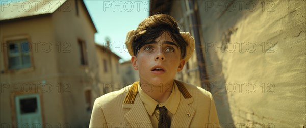 A young boy in vintage attire looks cautiously around a corner in a sunlit old town, AI generated