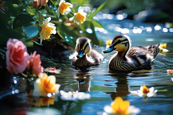 Duck family navigating across a vibrant stream bordered with abundant blossoms, AI generated