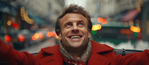 Joyful french man in a red coat with winter city lights blurred in the background, AI generated