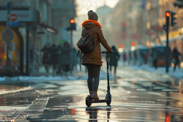 A commuter travels on an electric scooter along a wet city street, AI generated