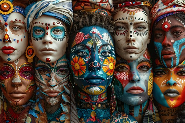 A collection of painted faces with intricate tribal patterns and a burst of vibrant colors, illustration, AI generated