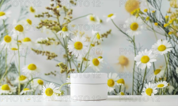 Blank cosmetic jar mockup placed on an elegant watercolor chamomile background, skin care and beauty AI generated