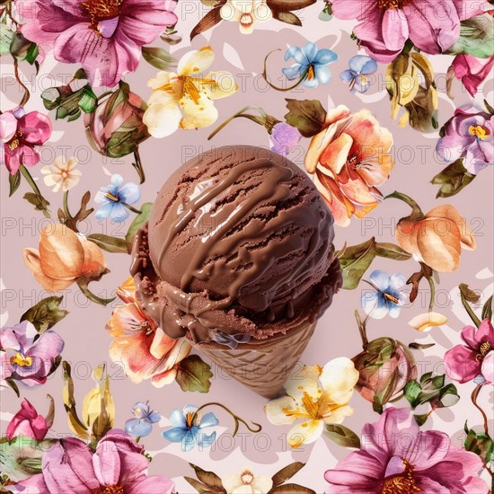 Chocolate ice cream scoop on a watercolor floral pattern background AI generated