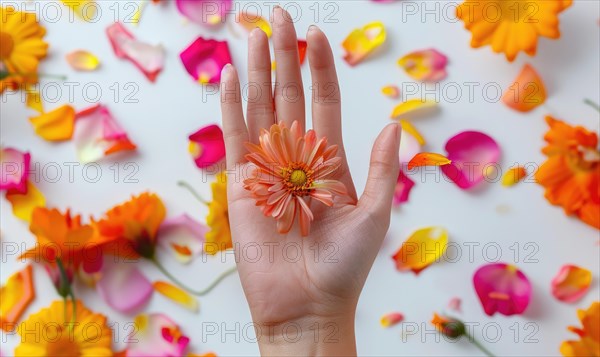 Close-up of a woman's hand holding colorful flower petals AI generated