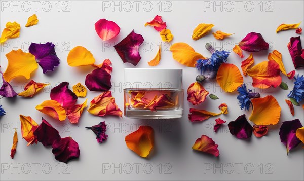 Creme jar blank mockup adorned with flower petals in various hues AI generated