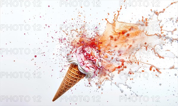 Ice cream cone explosion on white background AI generated