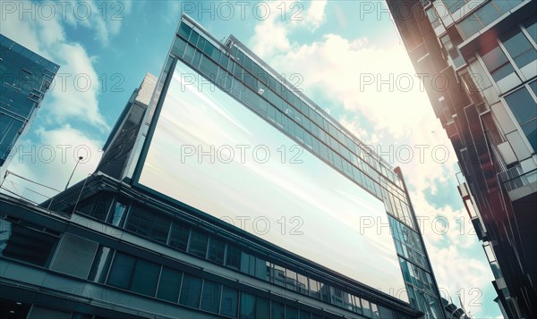 Blank screen banner mockup displayed on the modern building facade. Close Up view AI generated