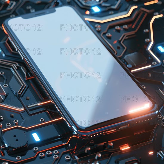 Smartphone mockup with a blank screen on a futuristic technology background AI generated