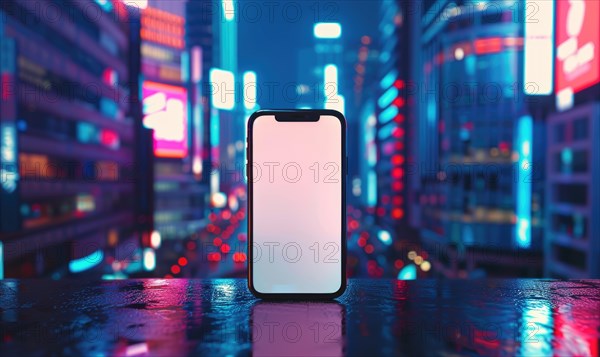 Smartphone mockup with a blank screen on a vibrant cityscape background AI generated