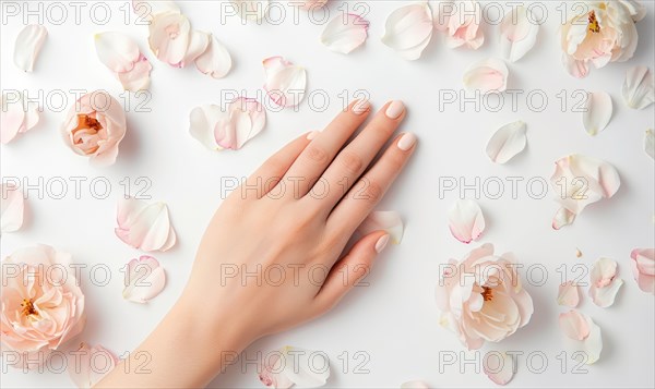 Woman's hand on white background with flower petals around AI generated