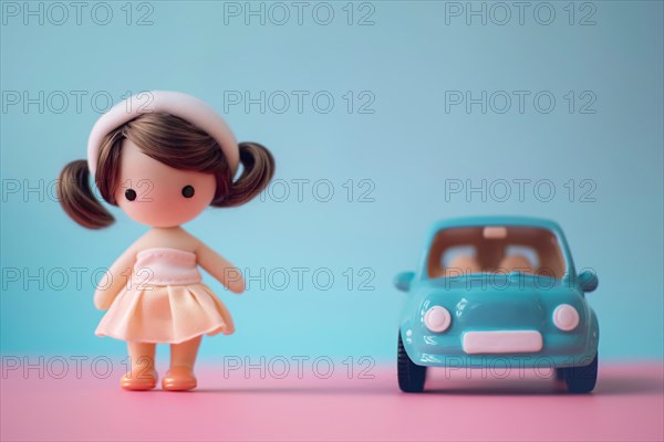 Gender stereotypical toys for children with car and doll on pink and blue background. KI generiert, generiert, AI generated