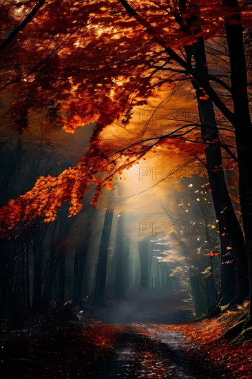 Autumn forest with a winding trail strewn with leaves in hues of orange red and yellow in moonlight, AI generated