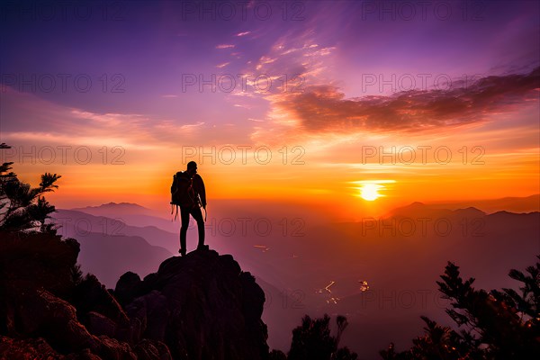 Silhouette of a climber standing atop a mountain peak bathed in the warm vibrant hues of a sunset, AI generated