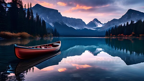 Canoe lies tranquilly atop a mirror like lake surface with sunrise gently kissing the sky, AI generated