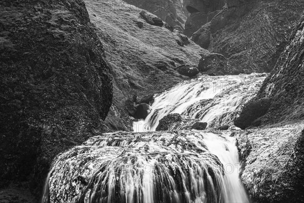 Stjornarfoss waterfall, near Kirkjubaejarklaustur, black and white photo, Sudurland, Iceland, Europe