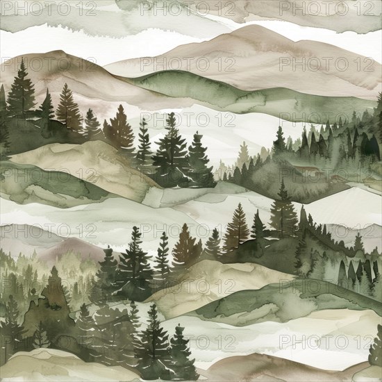 Landscape watercolor pattern with serene scenery and soft tones, abstract nature background, seamless pattern AI generated