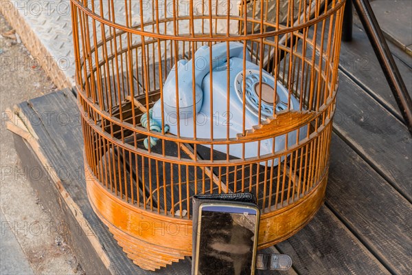 Modern but dirty smart phone sitting outside, blue rotary phone sitting inside birdcage on wooden step in Seoul, South Korea, Asia