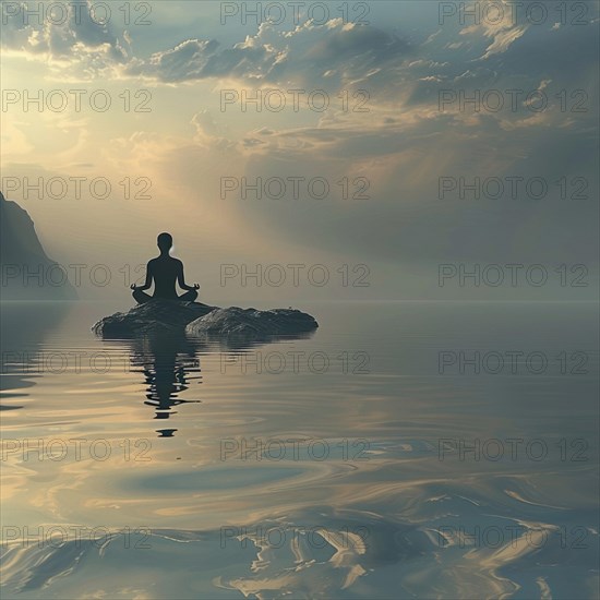 Silhouette of a Buddha statue meditating on water at sunrise, image depicting relaxation, recreation, serenity, naturalness, meditation, enjoyment concepts, AI generated
