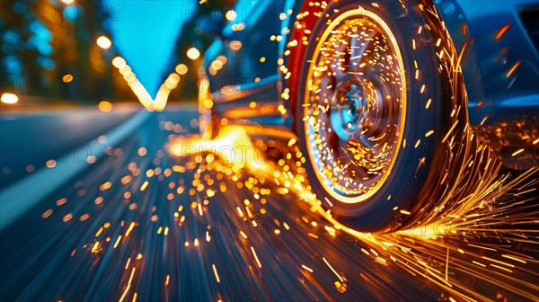 A classic car's wheel generates a shower of sparks, captured with twilight and motion effects, low ultra wide angle, AI generated