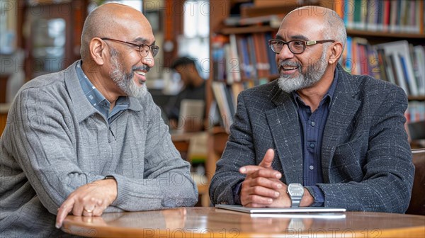 Two african american smiling men, who appear to be twins, having a conversation in university library surrounded by books, AI generated