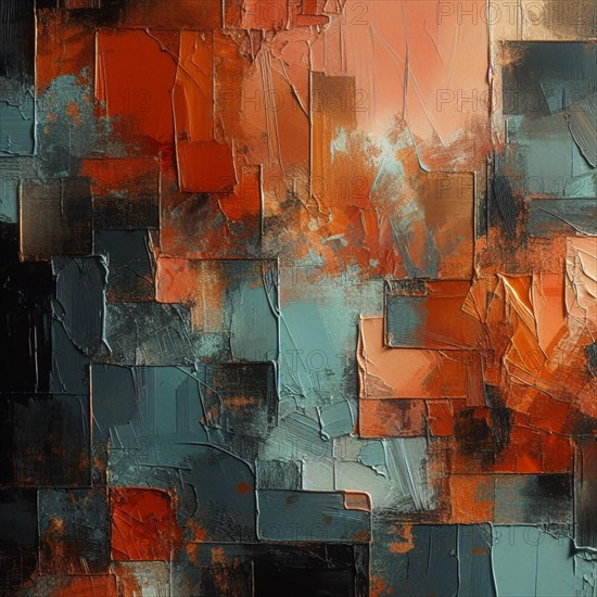Richly textured abstract painting with a palette knife in dark orange and blue shades, AI generated
