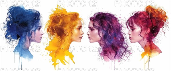 Watercolor portrait of women's profiles with a dripping paint effect in vibrant colors, banner 3:1 wide style, horizontal aspect ratio, AI generated
