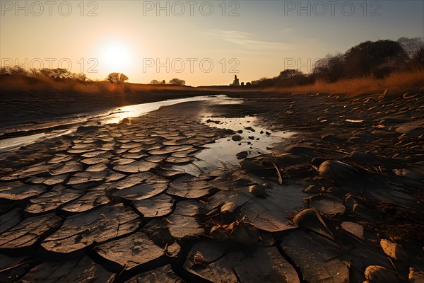 Dry riverbed with scattered dead fish under a harsh afternoon sun illustrating water scarcity, AI generated