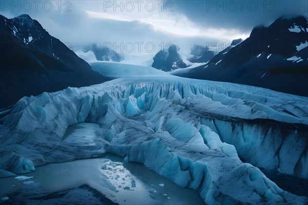 Glacier fractures embracing the deep crevasses indicative of rapid melting under a subdued sky, AI generated