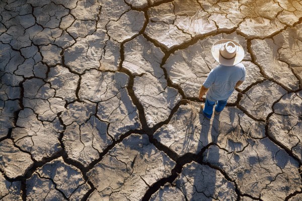 A farmer stands on a parched, cracked earth surface, due to lack of water, drought, extreme weather, symbolic image for climate crisis, climate change, global warming, crop failure, crop failure, AI generated, AI generated, AI generate, AI generated