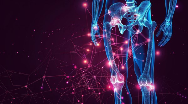 Digital medical artwork depicting pelvis bones with a vivid purple and blue lighting effect, ai generated, AI generated