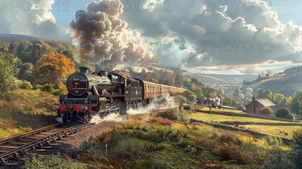 An old-fashioned train steams through a lush valley in the morning light, emitting a plume of smoke, ai generated, AI generated